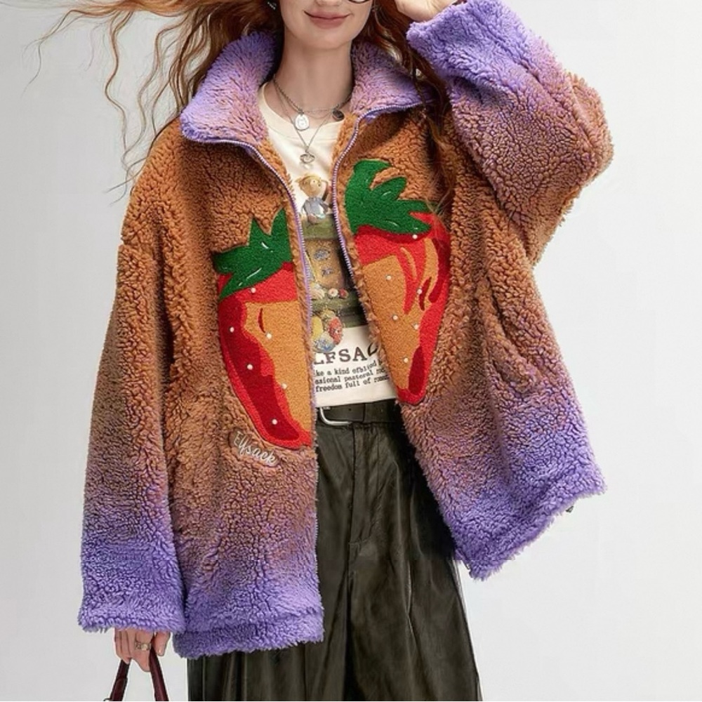 Colorful Fleece Jacket with Strawberry Design